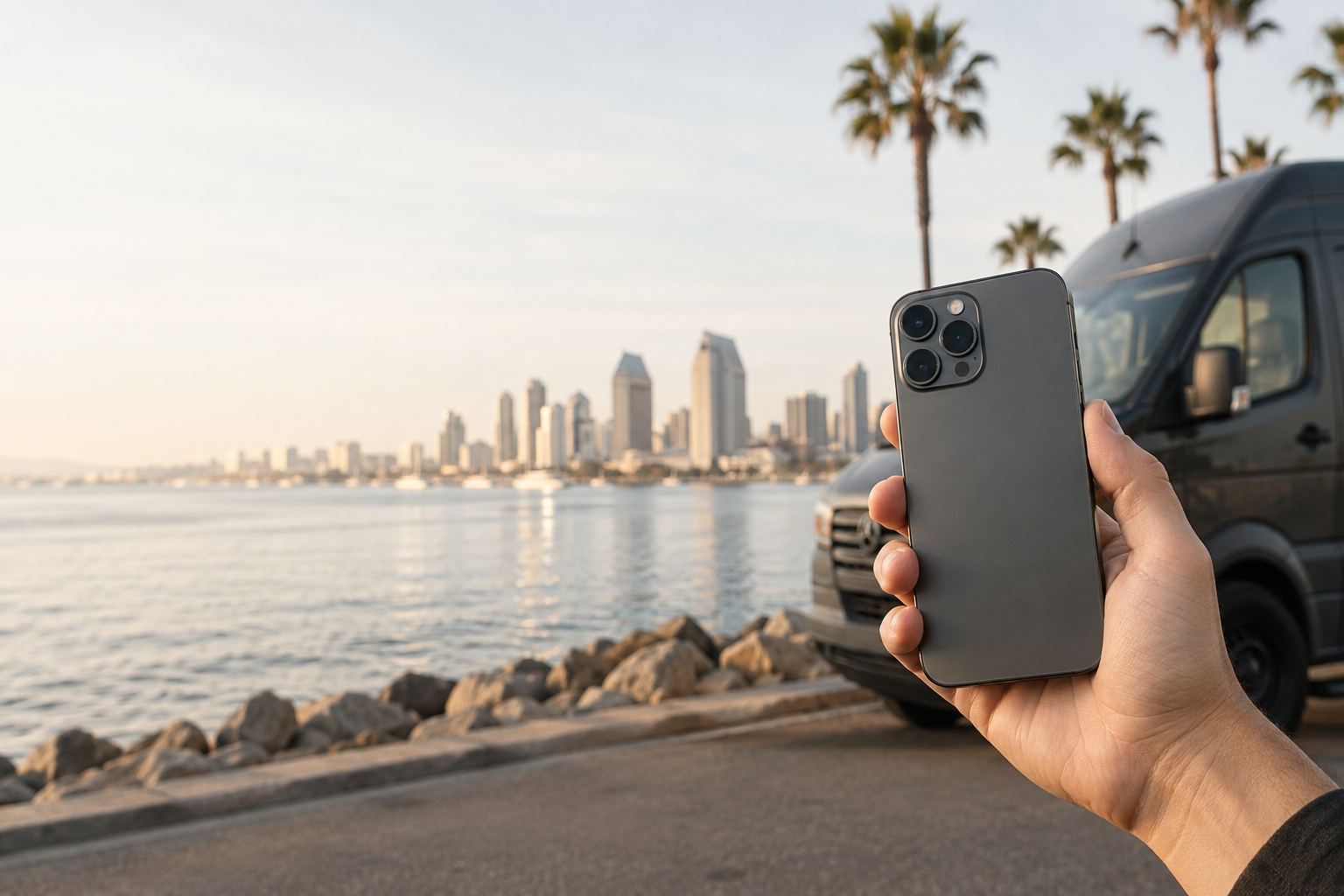 Holding a phone with the San Diego skyline and an SD FIX mobile repair van in the background