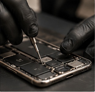 Technician repairing a phone's internal components with precision tools