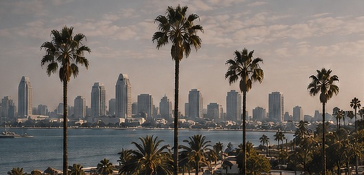 San Diego skyline across the bay, framed by palm trees